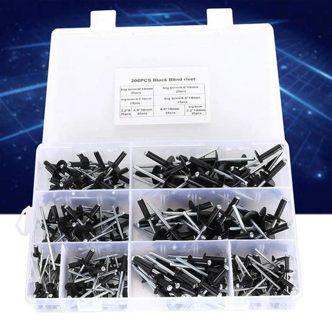 200 Piece Black Aluminum Blind Rivet Kit With 3.2mm 4.0mm 4.8mm Fasteners in a plastic storage box, open view.