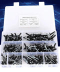 Black Blind Rivet Kit Aluminum All In One Storage Box Heavy Duty 200 Piece Set with black oxide rivets in compartments
