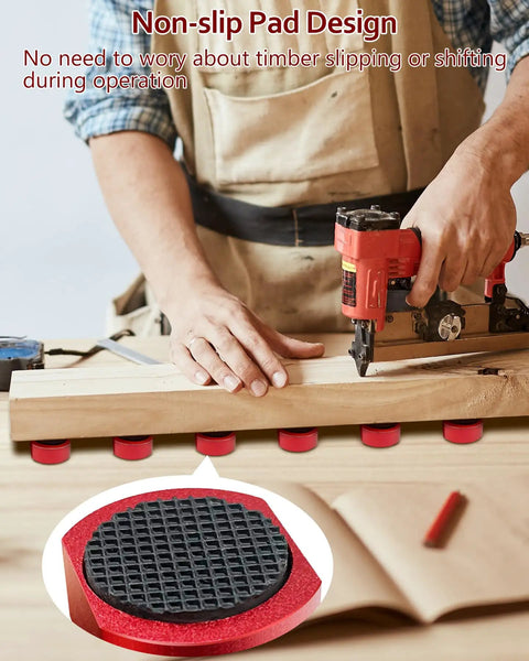 12 Pack Three Quarter Inch Bench Dogs With Non Slip Pads For Woodworking And MFT Tables holding wood on a workbench
