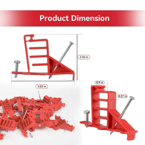 Heavy Duty Multi Cable Staples For Romex And Ethernet dimensions shown, red plastic clips with nails, 3.03 in and 2.36 in sizes.