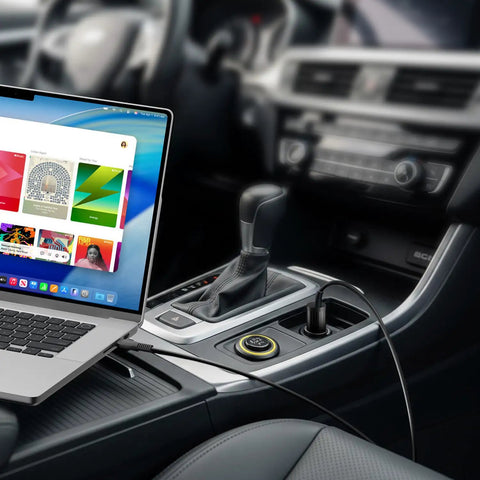 100W USB C Car Charger And PD Fast Power Adapter for laptops in car with USB-C cable connected to laptop