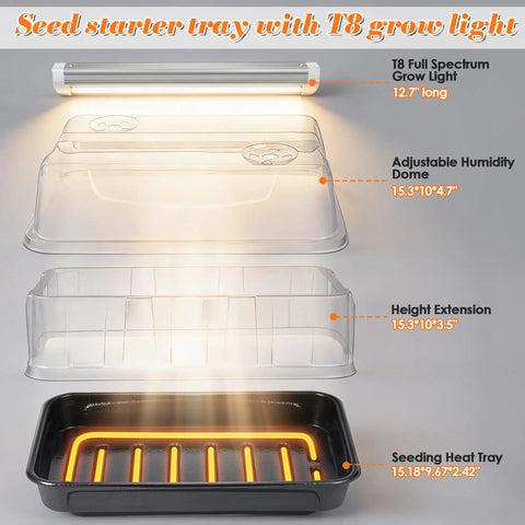 Image showing components of Seed Starter Tray With Grow Lights And Heating Tray, Pro Grade Adjustable Height Humidity Dome.