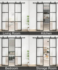 Two Sets Of 18 Inch By 84 Inch Three Paneled Frosted Glass Double Barn Doors With Carbon Steel Frame And Hardware Kit Soft Close Included Easy To Install shown in various rooms of a house.