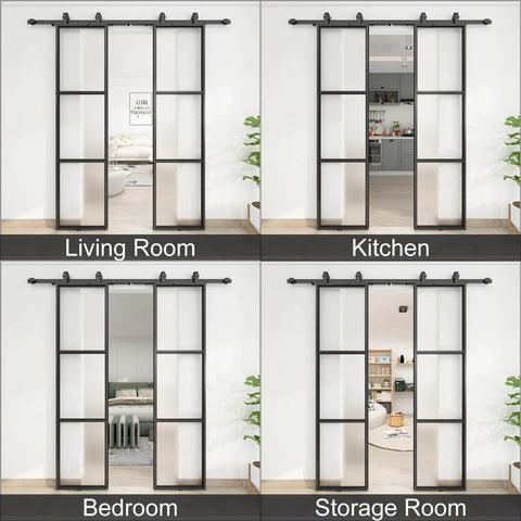 Two Sets Of 18 Inch By 84 Inch Three Paneled Frosted Glass Double Barn Doors With Carbon Steel Frame And Hardware Kit Soft Close Included Easy To Install shown in various rooms of a house.