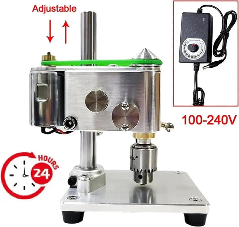 Industrial Grade Mini Bench Drill Press With Precision Variable Speed Control showing adjustable features and brass spindle.