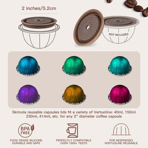Reusable Silicone Capsule Lids For Vertuo Pods With Scoop And Brush Food Grade BPA Free Easy Fill Budget Friendly Brew Boost For Refillable Vertuo Pods 4 Pack Brown, diagram showing lid size and pod compatibility.
