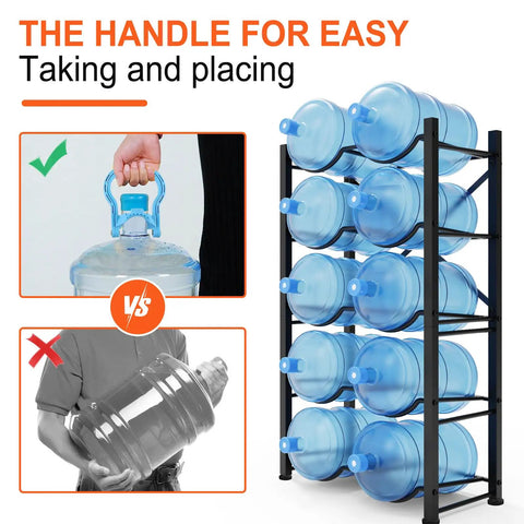 Heavy Duty 5 Gallon Water Jug Rack No Nonsense Detachable 5 Tier Double Row Stand That Holds 10 Bottles, shown with water jugs