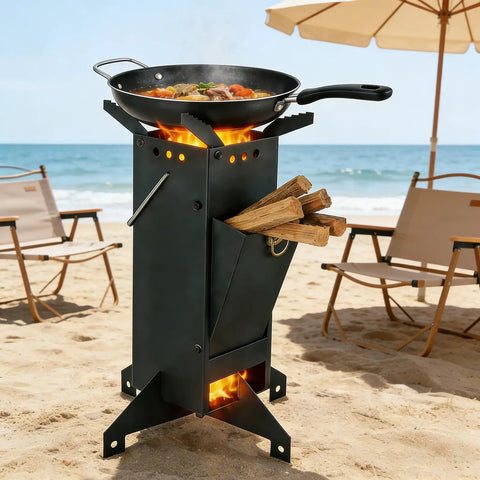 Portable Rocket Stove For Camping And Outdoor Cooking Wood Burning Stove With Foldable Design on a beach, cooking vegetables
