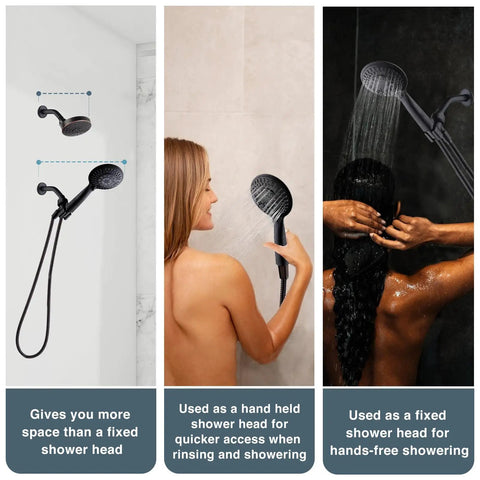 High Pressure Handheld Shower Head Kit With 9 Spray Settings in use, shown in oil rubbed bronze finish and adjustable overhead bracket.