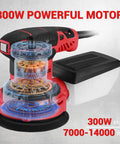 Heavy Duty 5-Inch Orbital Sander With Dust Collection, 14,000 RPM, 6 Variable Speeds, showing motor details