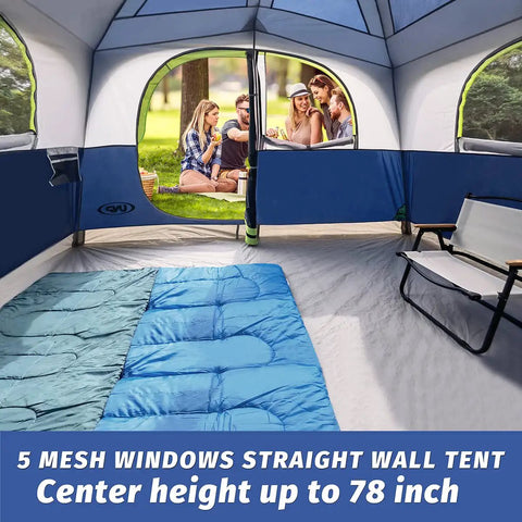 Interior view of Spacious 6 Person Waterproof Family Tent With Windproof Build And Easy Setup In Minutes, blue sleeping pad visible