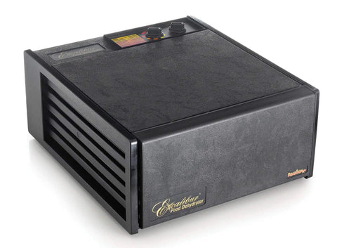 Five Tray Electric Food Dehydrator Featuring Adjustable Thermostat And 26 Hour Timer With Reliable Auto Shut Off shown from the side.