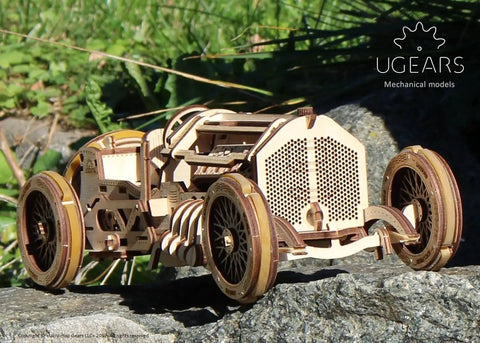 Dope Mechanical Grand Prix Car Wooden 3D Puzzle 348 Parts Build 13.8 Inch Model with vintage racer look and rubberized wheels