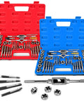80-piece metric tap and die set in red and blue cases, includes M3–M12 taps and dies for threading repair.