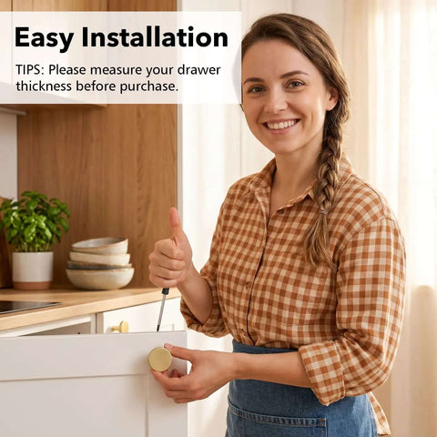 Woman installing gold cabinet knob from Gold Cabinet Knobs Bulk Pack 50 Pcs 1-1/6 Inch 30mm Drawer Pulls For Dresser And Kitchen Cabinets