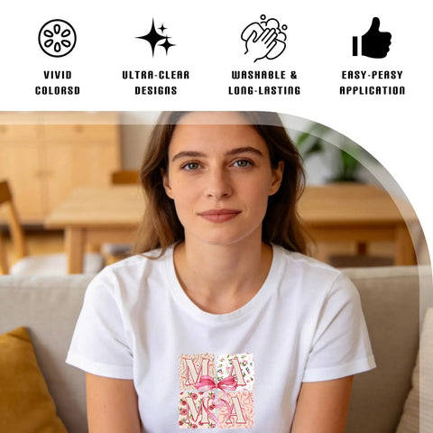 Woman wearing t-shirt with Mama Iron On Transfers For Christian Moms Floral Bow Pack design, sitting on sofa, home background.