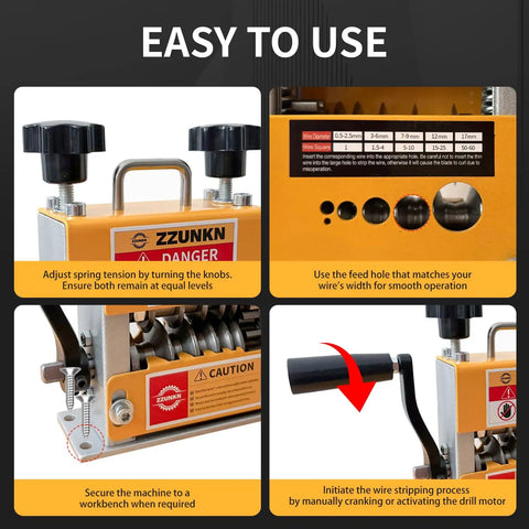 Dual Mode Wire Stripping Machine With Six Precision Blades And Five Heavy Duty Cutters Effortlessly Sheds Cable Jackets For Scrap Copper Recovery And Straight Up Killer Auto Wiring Repairs In A Hassle Free Setup, showing easy use features and control knobs.