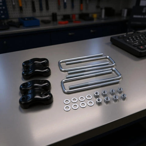 Beef Up Your Chevy With Rear Axle U Bolts And Plates Kit For 2.5 Inch Wide Leaf Springs, 8.75 Inch U Length, Replacement Hardware For C1500 K1500 1988-2000, Solid Axle Support Upgrade on bench with U-bolts, plates, washers, and nuts