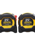 Two Pack 25 Foot Tape Measure With 1 Inch Nylon Coated Blade Dual Sided Matte White And Yellow Print Feet Inches Fractions And Metric True Zero Hook Heavy Duty Anti Skid Case For Quick Measurements front view