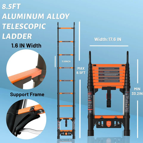 Telescoping Ladder Eight And A Half Foot Extension Ladder With Easy Fold One Step Collapsible Design For RV Home And Outdoor Use Aluminum Build Lightweight Yet Sturdy Supports Up To 330 Lbs., 8.5 ft aluminum alloy ladder shown collapsed and extended