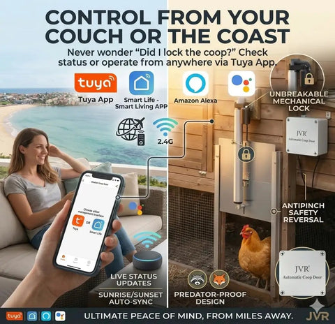 Woman using Tuya app on phone to control Smart WiFi Automatic Chicken Coop Door With App Control, Alexa compatible, 2.4G WiFi