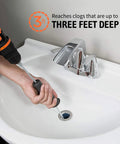 Person using Drill Powered Tub And Sink Snake Auger Clog Remover For Bathroom Drains 42 Inch Stainless Steel Hair Buster in sink