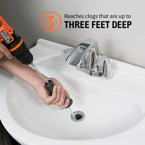 Person using Drill Powered Tub And Sink Snake Auger Clog Remover For Bathroom Drains 42 Inch Stainless Steel Hair Buster in sink