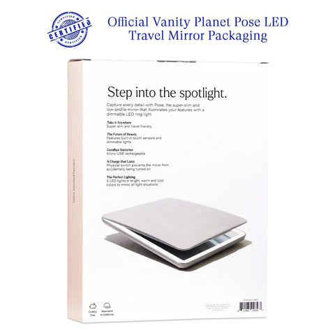 Your Go To LED Travel Vanity Mirror With 3 Color Ring Light packaging showing features and mirror illustration