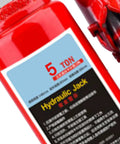 Heavy Duty 5 Ton Hydraulic Bottle Jack For Cars And Trucks with red body and label showing 5 ton capacity for manual lifting.