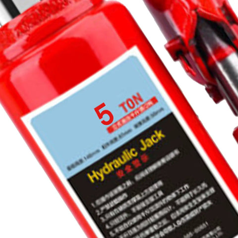 Heavy Duty 5 Ton Hydraulic Bottle Jack For Cars And Trucks with red body and label showing 5 ton capacity for manual lifting.