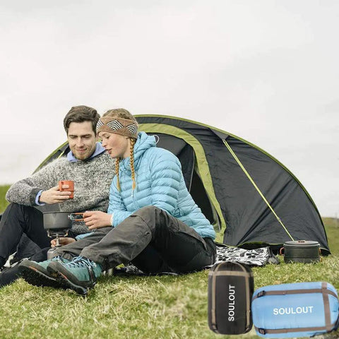 Two people camping with All Season Sleeping Bag for Adults and Kids, Lightweight Yet Warm Cold Weather Camping Gear in front of a tent