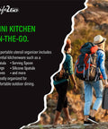 Two hikers with All-In-One Outdoor Kitchen Kit 12-Piece Stainless Steel Camping Utensils Set and backpack