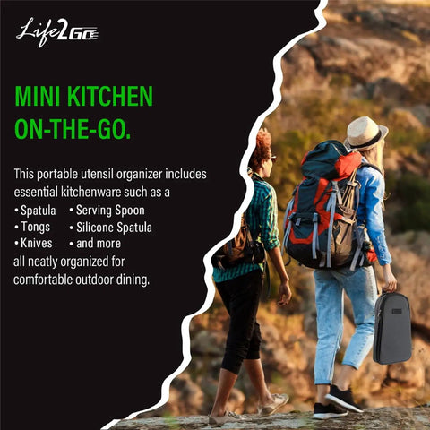 Two hikers with All-In-One Outdoor Kitchen Kit 12-Piece Stainless Steel Camping Utensils Set and backpack