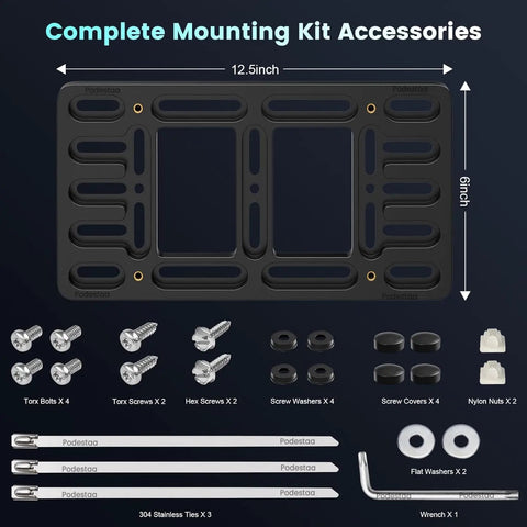 Audi Front License Plate Bracket Mounting Kit for 2000-2025 with screws, washers, ties, and wrench