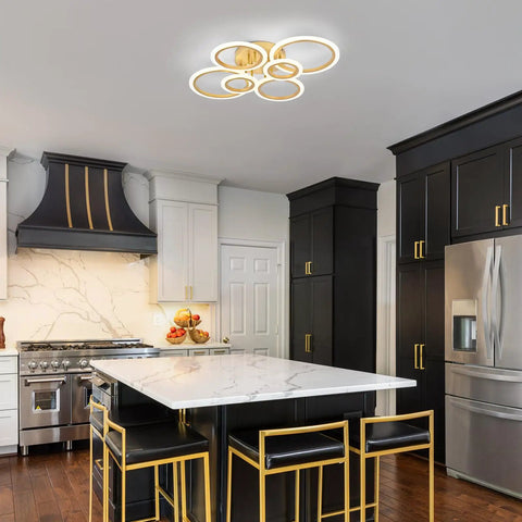 Modern LED Ceiling Light With Six Ring Gold Finish Flush Mount Fixture 4000K Neutral White Lighting in a kitchen setting