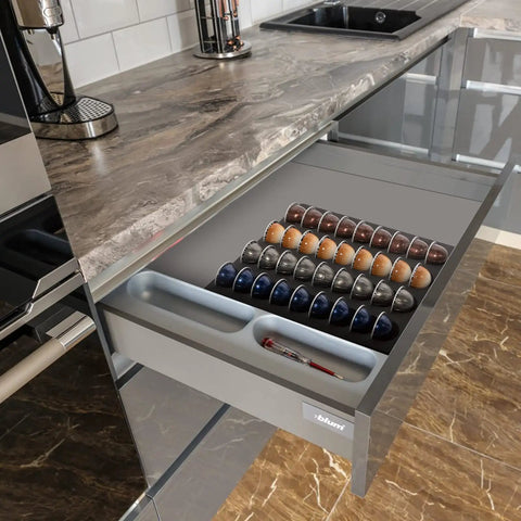 Your Go-To Coffee Capsule Drawer Organizer That Holds 36 Pods for Nespresso Vertuo Vertuoline Capsules in open kitchen drawer