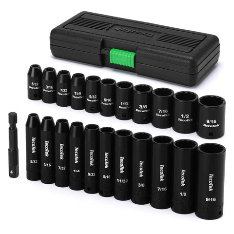 Heavy Duty 23-Piece 1/4 Inch Drive Socket Set With Deep And Shallow 12-Point Impact Sockets Cr-V Steel SAE 5/32 To 9/16 Inch Includes Drill Adapter