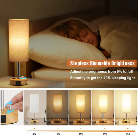 Dimmable Solid Wood Bedside Lamp With USB C Ports Compact Nightstand Light For Bedroom Or Living Room Built In USB Outlet Bulb Included Easy Dimmer Dial For Cozy Vibe And Quick Charging