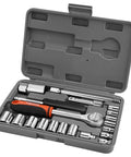 Heavy Duty Carbon Steel Socket Set With One Quarter Inch And Three Eighths Inch Drive, 21-Piece Metric Wrench Kit in storage case