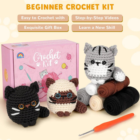 Beginner Crochet Kit for Adults With Amigurumi Projects and Step By Step Video Tutorials, Complete DIY Cat Crochet Starter Set