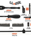 Beefy One Quarter Inch Drive Impact Socket Set With Eighty Three Pieces Metric And SAE shown with ratchet handle and bits.