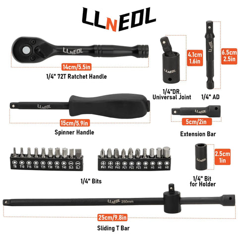 Beefy One Quarter Inch Drive Impact Socket Set With Eighty Three Pieces Metric And SAE shown with ratchet handle and bits.