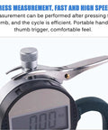 Dope Digital Thickness Gauge For Sponge And Foam, 0.01mm Resolution, 30mm Probe, 0-12.7mm Range, Large LCD Display, Thumb Trigger, Portable Handle, Fast And Accurate Tester For Sponge, Paper, Cardboard close-up with thumb trigger and LCD display