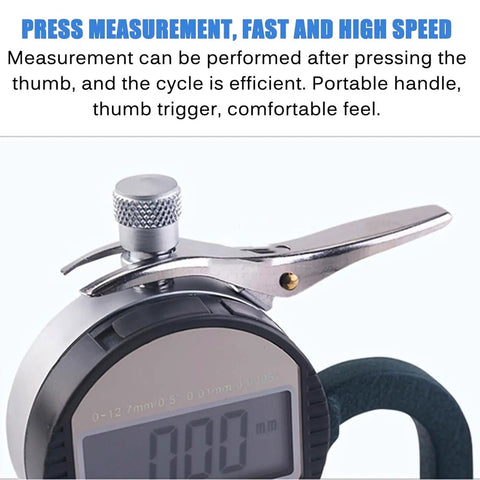 Dope Digital Thickness Gauge For Sponge And Foam, 0.01mm Resolution, 30mm Probe, 0-12.7mm Range, Large LCD Display, Thumb Trigger, Portable Handle, Fast And Accurate Tester For Sponge, Paper, Cardboard close-up with thumb trigger and LCD display