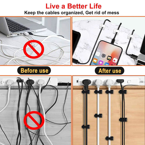 Before and after using Adhesive Cable Clips With Storage Case 40Pcs Wire Clips for tidying USB, HDMI cables on desk and wall.