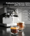 Ditch The Daily Coffee Run With This Pro Home Espresso Maker Featuring A Built In Grinder And Adjustable Milk Frother 15 Bar Extraction Pump Plus Instant Hot Water For Smooth Daily Lattes, showcasing espresso and latte cups.