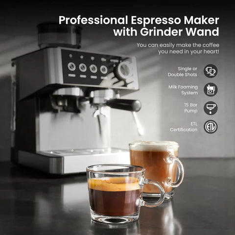 Ditch The Daily Coffee Run With This Pro Home Espresso Maker Featuring A Built In Grinder And Adjustable Milk Frother 15 Bar Extraction Pump Plus Instant Hot Water For Smooth Daily Lattes, showcasing espresso and latte cups.