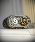 Straight Up Premium Warhammer 40K Adeptus Mechanicus Cipher Of The Machine God Ring For Men, detailed skull and gears design.