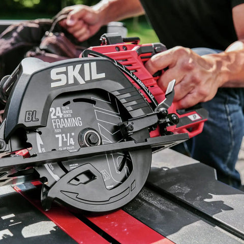 Heavy Duty Seven Quarter Inch Cordless Circular Saw Featuring Rear Handle And Brushless Motor Provides Killer Cuts Through Lumber; close-up of saw blade and handle.