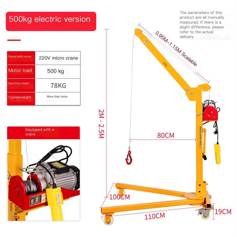 Portable Foldable Mobile Crane With Electric Hand Crank Lifting Rig Heavy Duty Alloy Steel Hook Handles Two To Five Hundred KG, side view showing details and dimensions.